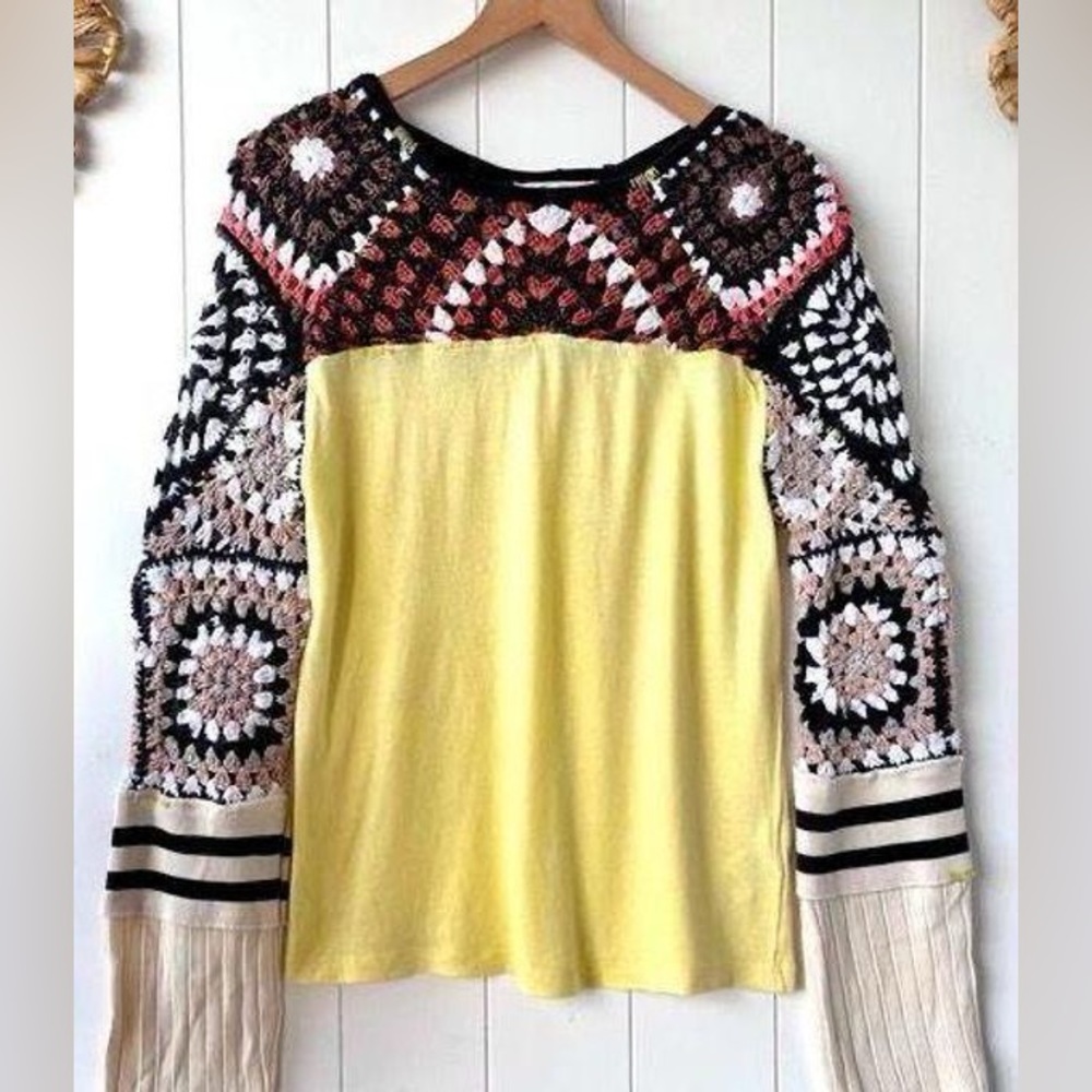 Free People Mixed Media Granny Square Crochet Shirt NEW - Picture 2 of 9